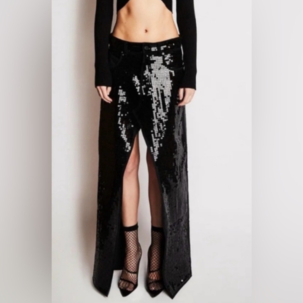 RtA Sequin Pant Skirt women’s Size 27 Black Sparkle Wide Leg Hybrid Designer Y2K